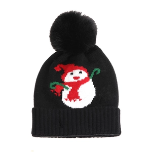 Kids black winter knit hat with pom-pom featuring a festive snowman pattern for Christmas