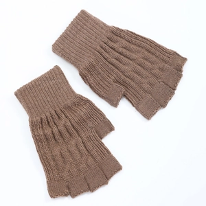 Brown knitted fingerless gloves for winter with ribbed cuffs and textured pattern