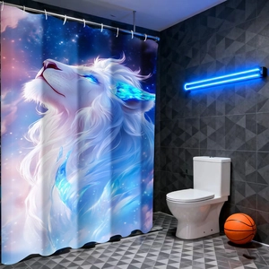 Modern bathroom shower curtain with white lion digital art print in celestial blue and pink