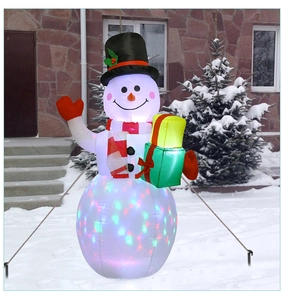 Illuminated inflatable Christmas snowman with colorful LED lights in a snowy yard setting