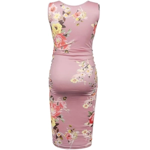 Detailed back view of pink floral maternity dress with ruched side and sleeveless design