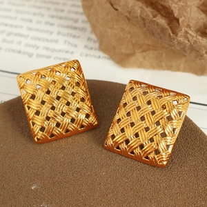 Square woven titanium steel earrings with 18k gold plating in a stylish geometric design