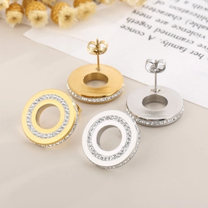 Fashionable round crystal pave stainless steel stud earrings in gold and silver colors