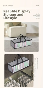Gray quilted hat organizer with clear window and handles for closet storage use