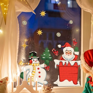 Cozy living room window view with festive Santa and snowman static cling decals