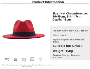 Detail showing red wool fedora specifications: 56-58cm circumference and 7cm wide brim