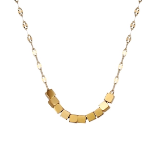 Elegant gold titanium steel necklace with oval links and small square beads on white background