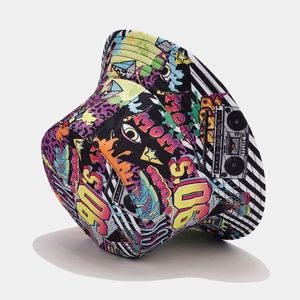 Retro 90s pop art reversible bucket hat with neon graffiti and leopard print