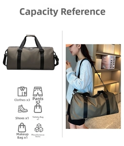 Deep gray travel bag with trolley sleeve and large capacity shown on model and white background