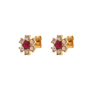 18K gold plated flower stud earrings with red main stone and clear cubic zirconia petals