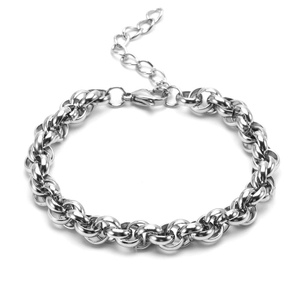 Detail of silver stainless steel chain bracelet with lobster clasp and extender link