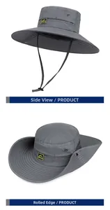 Detail of dark grey wide brim sun hat showing the versatile snap button up side design