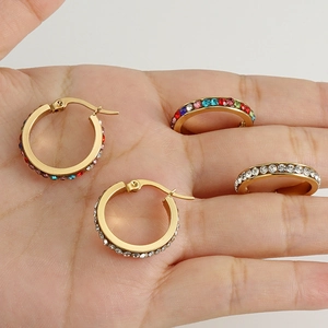 Set of four 18K gold plated stainless steel hoop earrings with sparkling rhinestones