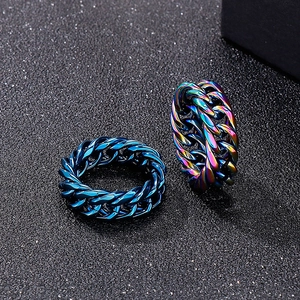Titanium steel cuban chain rings in blue and colorful finishes for unisex fashion wear