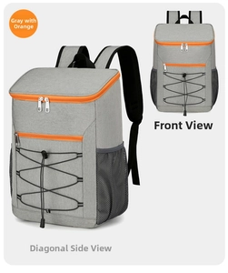 Front and side views of gray Oxford cloth insulated cooler backpack with orange zippers