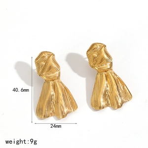 Retro 18k gold plated stainless steel bow earrings with textured knot design and dimensions