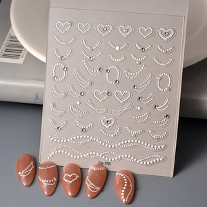 5D Relief Nail Art Stickers Artificial Pearl Texture Stereoscopic Heart Wave Line Rhinestones Self Adhesive Manicure Decals For Women