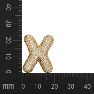 Detailed size measurement of a gold letter X pendant with sparkling zircon micro-pave