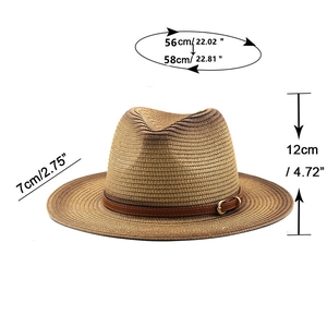 Unisex straw Fedora hat with leather band showing size dimensions and head circumference