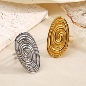 Adjustable oval stainless steel rings with spiral texture in gold and silver tones