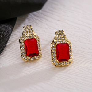 Elegant gold-plated square stud earrings with red gemstones and clear crystals