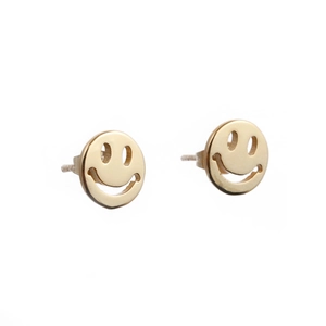 Minimalist gold plated smiling face stud earrings with polished metallic finish on white back