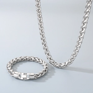 Ensemble collier et bracelet en acier inoxydable tressé poli avec fermoir pliant