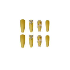 Matte mustard yellow press-on nails with luxury pearl and butterfly rhinestone accents