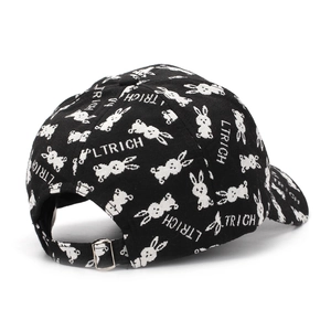 Black fashion baseball cap with white rabbit LTRICH prints and metal buckle closure