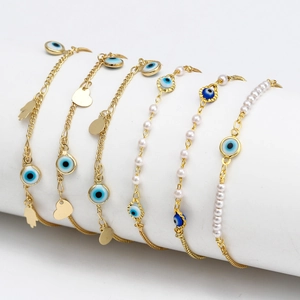 Bracciale Occhio Di Allah Mano Di Fatima Rame Placcato Oro Regolabile Catena Bolo Con Perla Artificial Nazar Gioielli Da Donna
