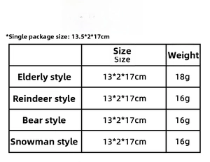 Detailed size chart showing dimensions and weight for Santa, Reindeer, Bear, and Snowman socks