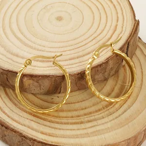 Retro Textured Hoop Earrings 18K Gold Plated Stainless Steel Rope Twist Design Simple Small Style For Women