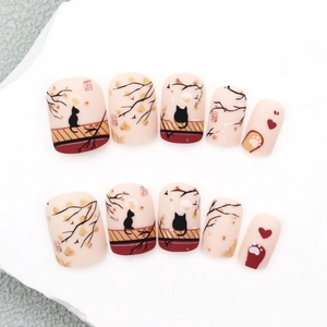 Vintage Chinese Style Press On Nails Matte Short Square Artificial Nails Black Cat Moon Silhouette Design