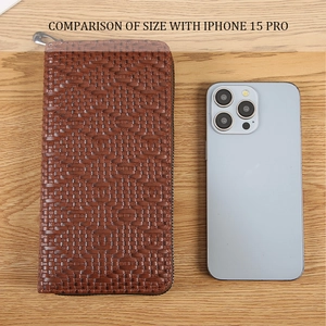 Brown woven leather long wallet shown next to an iPhone 15 Pro for size comparison