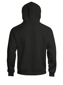 Detail view of the double-layer hood and ribbed hem on this black oversized street hoodie