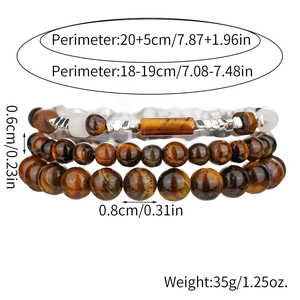 Brown Tiger Eye beaded bracelet with silver spacers and size specifications labels