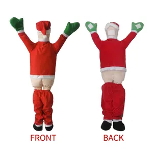 Front and back view of a funny climbing Santa Claus wall decoration in red and green