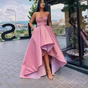 Pink satin strapless evening gown with sweetheart neckline and high-low hem design