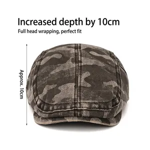 Vintage camouflage flat cap with 10cm depth in distressed washed twill for men and women