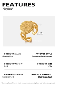 Detail view of gold stainless steel star ring with chain band and adjustable opening size