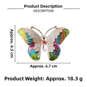 Detailed view of colorful butterfly brooch with enamel wings and crystal rhinestones