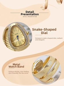 Macro detail of the snake-shaped watch head with crystal-encrusted bezel and gold metal band