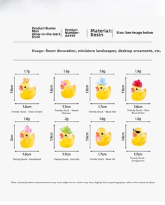 Size chart showing 8 styles of mini glow-in-the-dark resin ducks with dimensions and weight