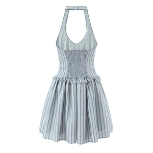 French striped halter neck sleeveless dress with elastic back and ruffled waist details