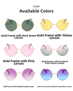 Selection of retro round sunglasses featuring gold metal frames and diverse gradient lenses