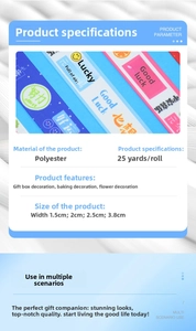 Detailed size chart for polyester printed gift ribbons featuring 1.5cm to 3.8cm widths