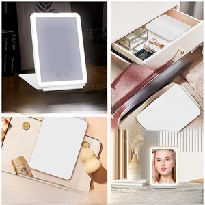 Collage showing portable LED makeup mirror with 3 light modes and folding design