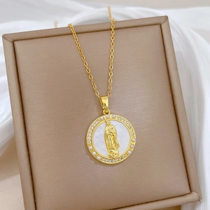Titanium steel necklace with gold Virgin Mary shell pendant and pearl diamond accents