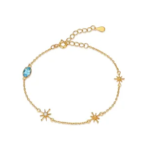 925 Sterling Silver Gold Plated Bracelet For Women Swiss Blue Topaz Zirconia Star Pendant Elegant Adjustable Link Bracelet Jewelry