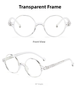 Detail of round transparent frame glasses with natural wood temples and anti-blue light lens